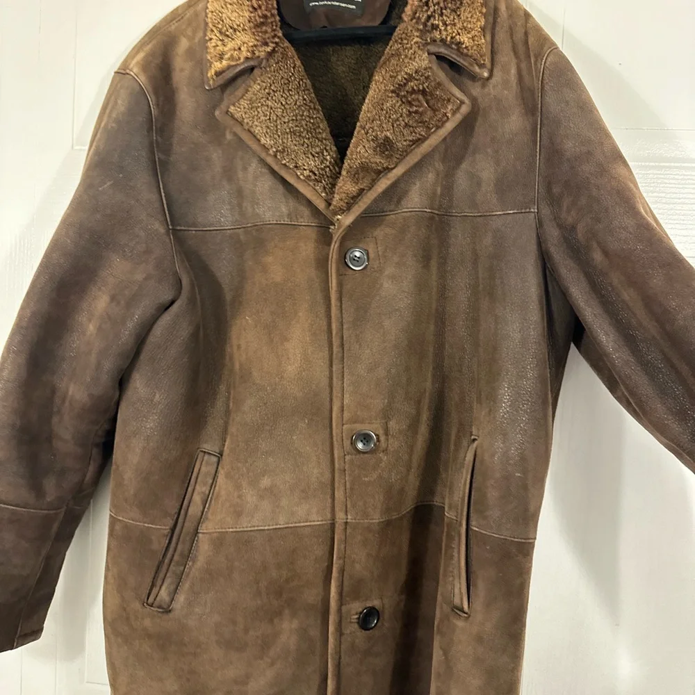 Men's Brown Shearling Pea Coat - Picture 2 of 9